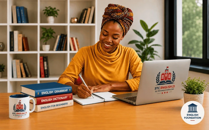 Student studying in the STC English Foundation program in Bamako, Mali, with English books, notebook, and laptop.