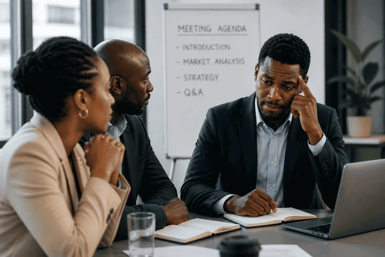 Professionnels confrontés à des difficultés de communication en anglais dans un environnement professionnel.