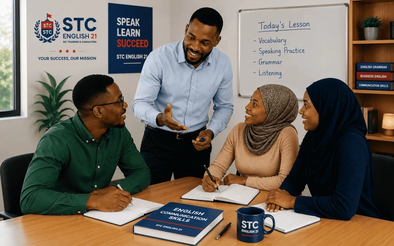 Étudiants participant à une formation d’anglais interactive avec un enseignant chez STC English 21.
