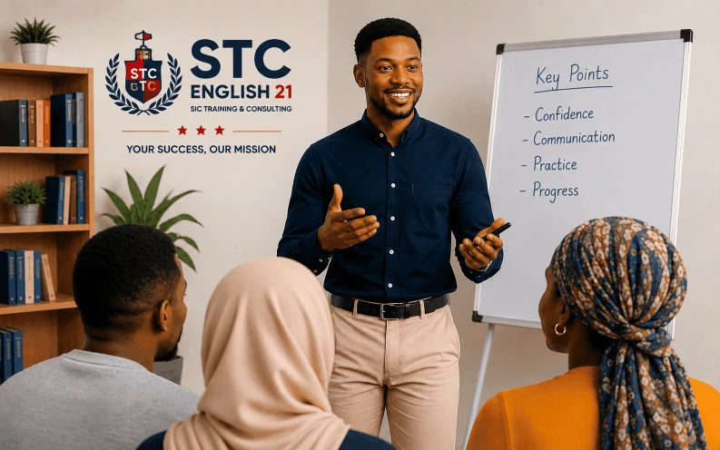 Étudiants apprenant à parler anglais avec confiance lors d’une formation interactive chez STC English 21 à Bamako, Mali.