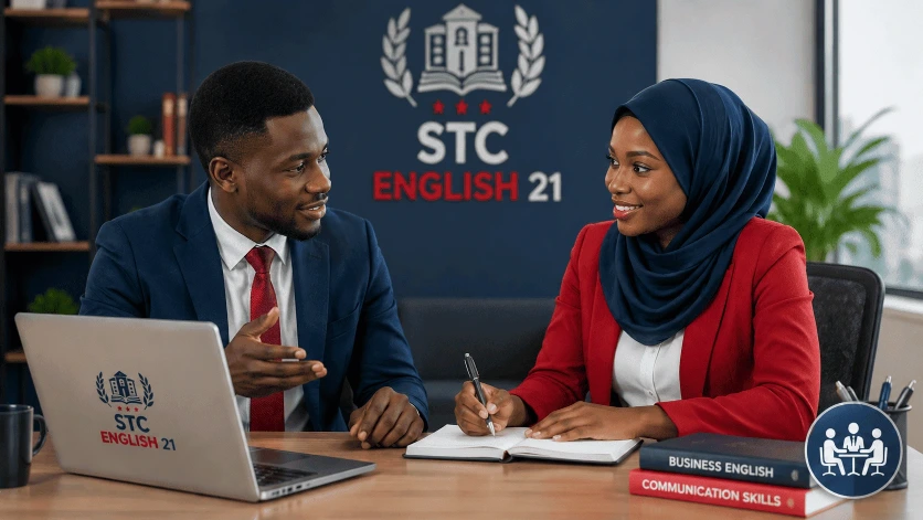 Professionnels échangeant en anglais dans un environnement de travail moderne chez STC ENGLISH 21.