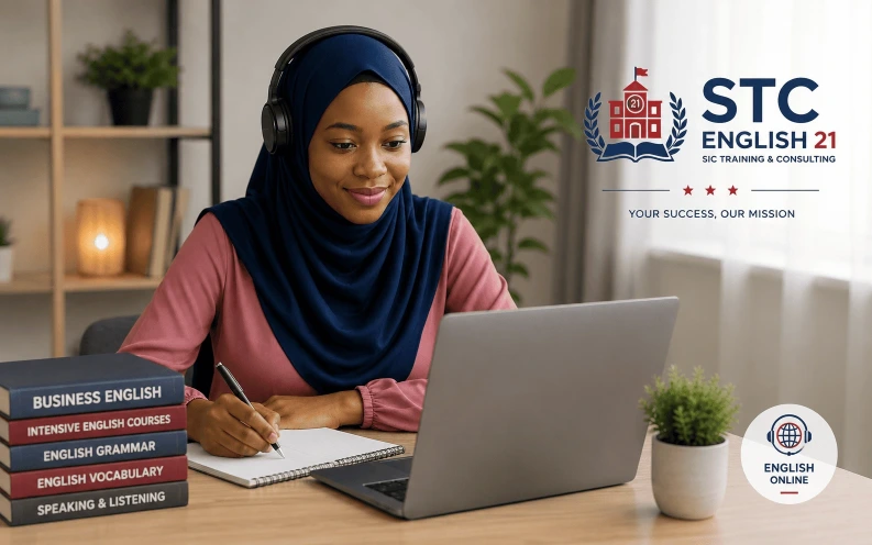 Étudiante suivant des cours d’anglais en ligne avec le programme English Online de STC ENGLISH 21.
