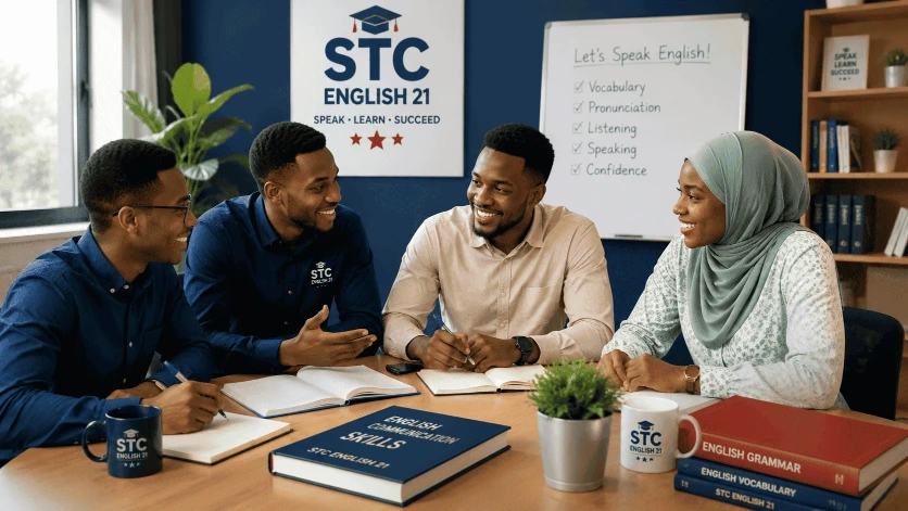 Étudiants participant à un cours interactif d’anglais chez STC ENGLISH 21 avec pratique de communication et travail en groupe.